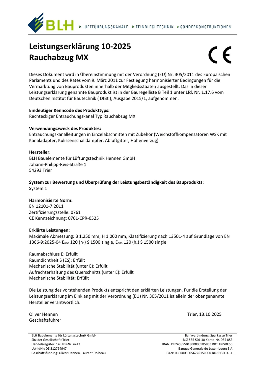 Erste Seite der Leistungserklärung Rauchabzug MX